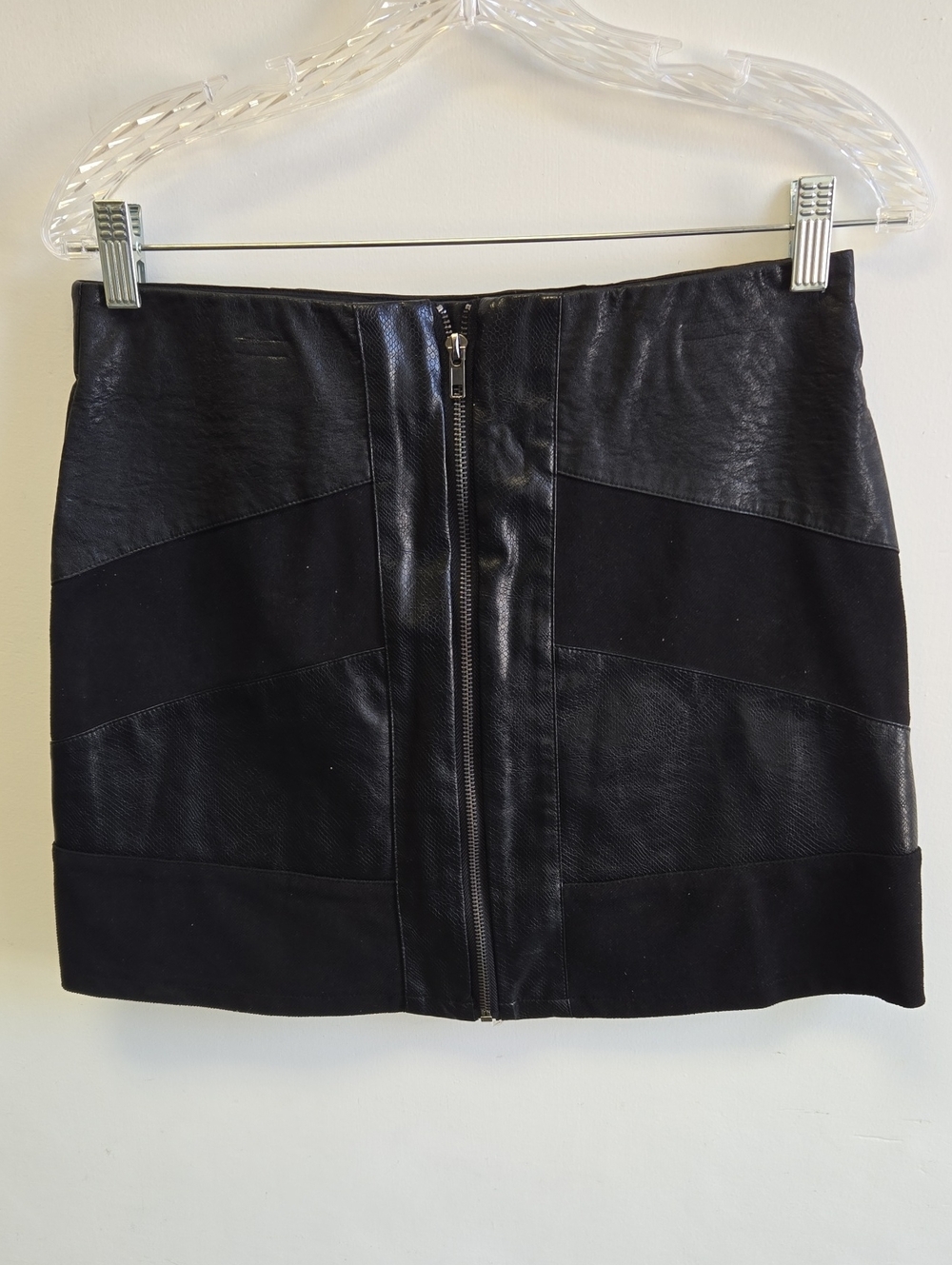 She + Sky Black Mixed-Media Front Zip Mini Skirt